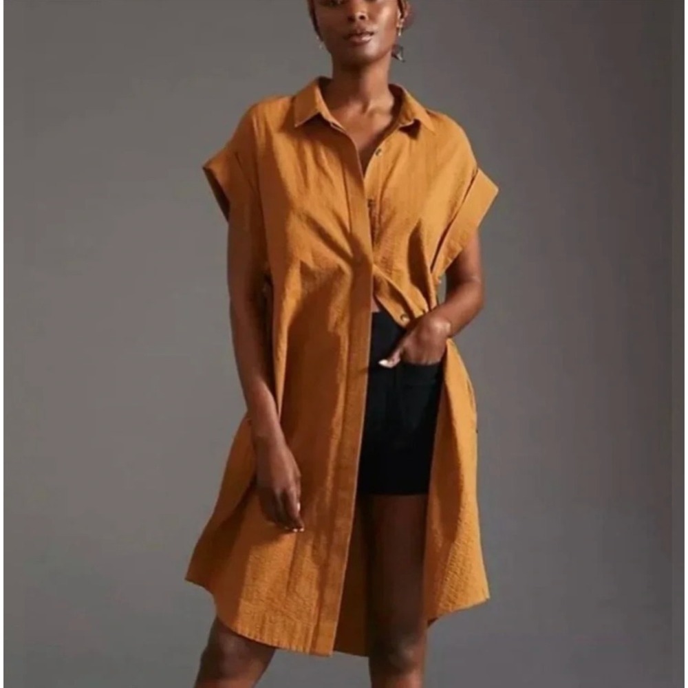 Maeve Anthropologie Side-Slit Tunic Shirt Dress Brown Textured Mini XS